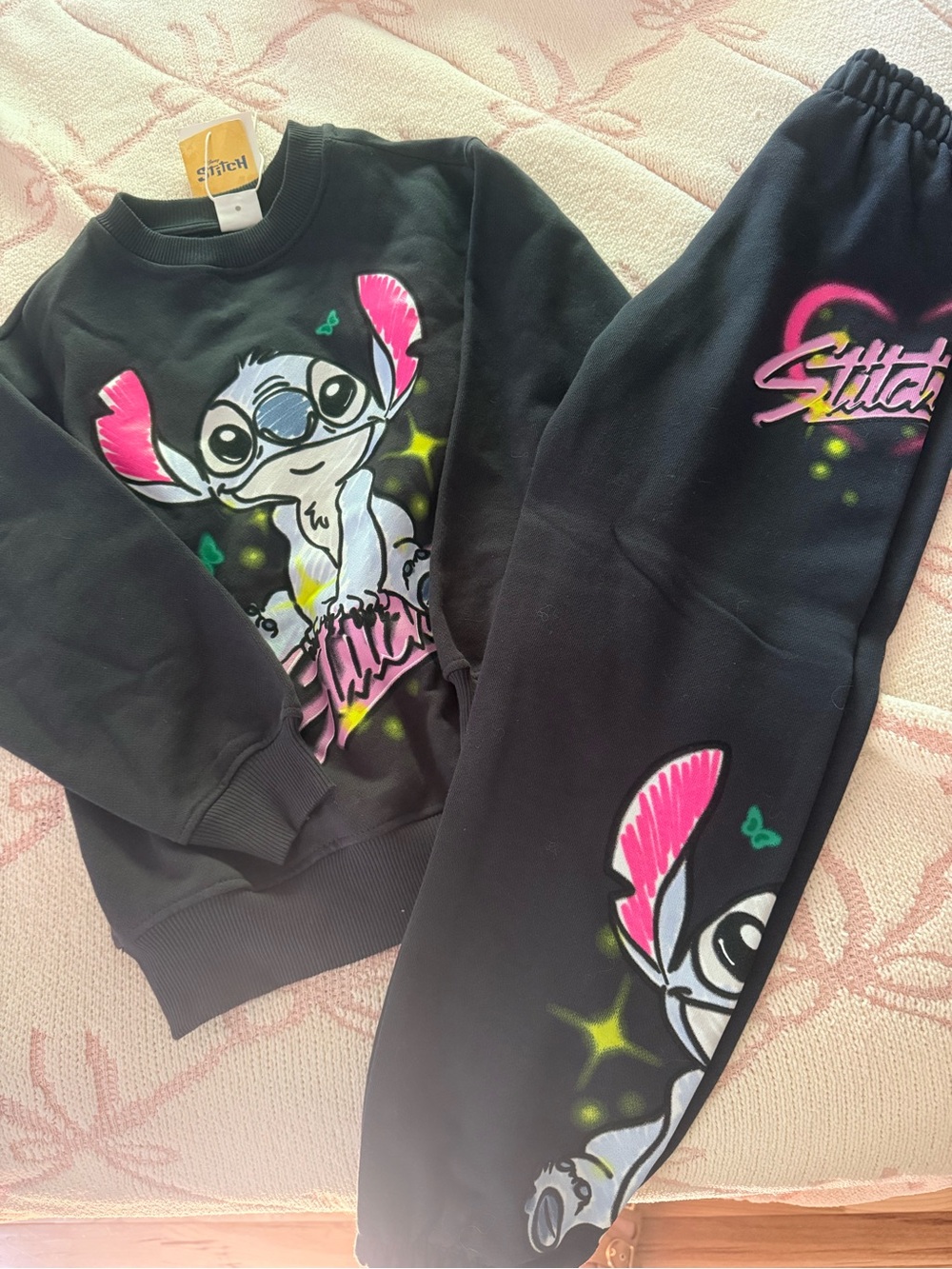 Zara Kids Black Sweatshirt & Joggers Set with Pink Accents - Stitch Graphic